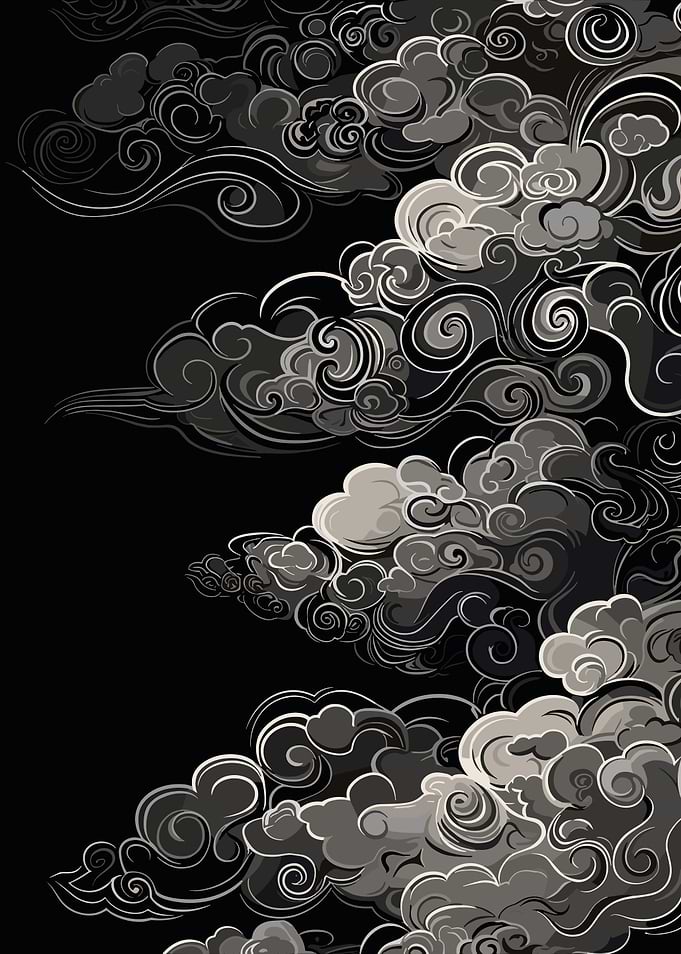 Swirling Gray Clouds on Black Background