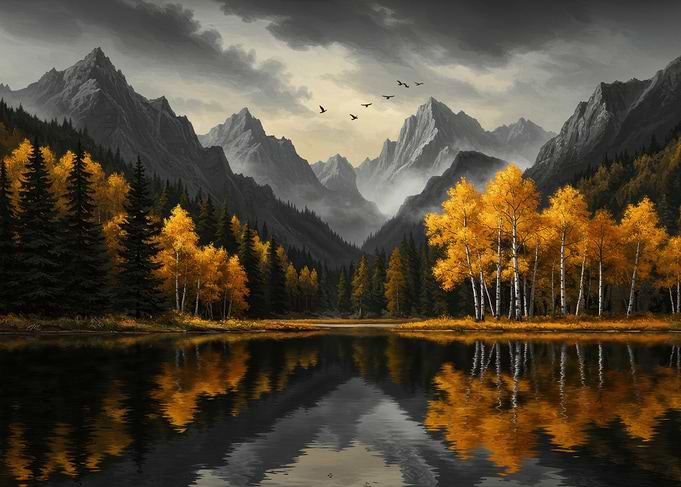 Autumn Lake Mountain Landscape Painting