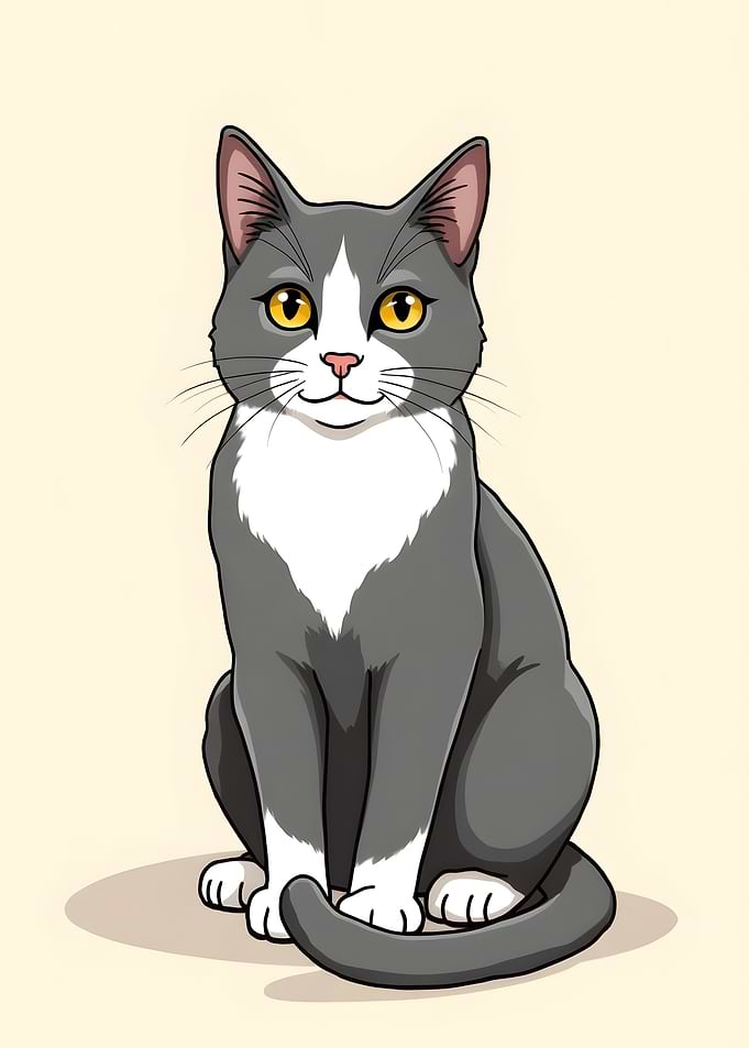 Cartoon Gray and White Cat Portrait