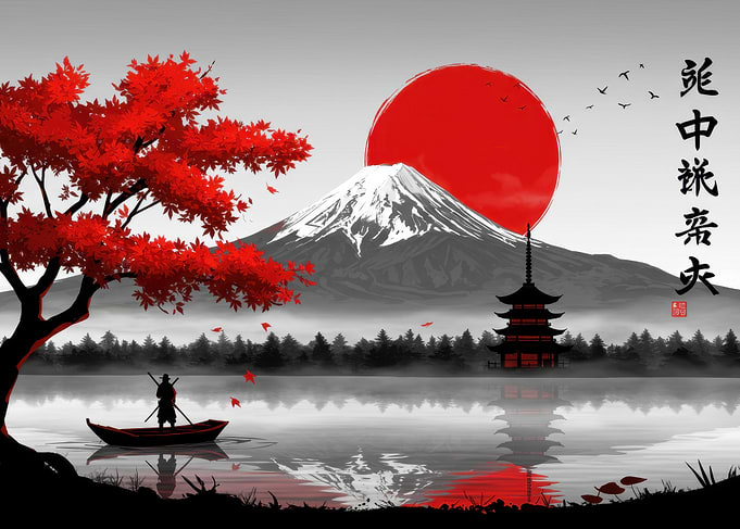 Japanese Landscape with Mount Fuji and Samurai