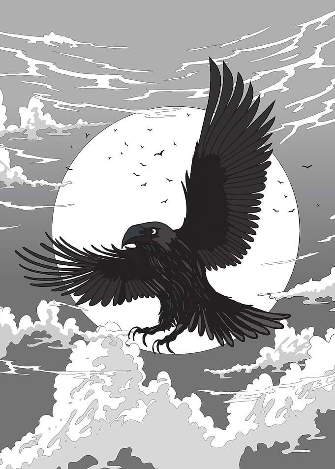 Raven in Flight, Moonlit Sky