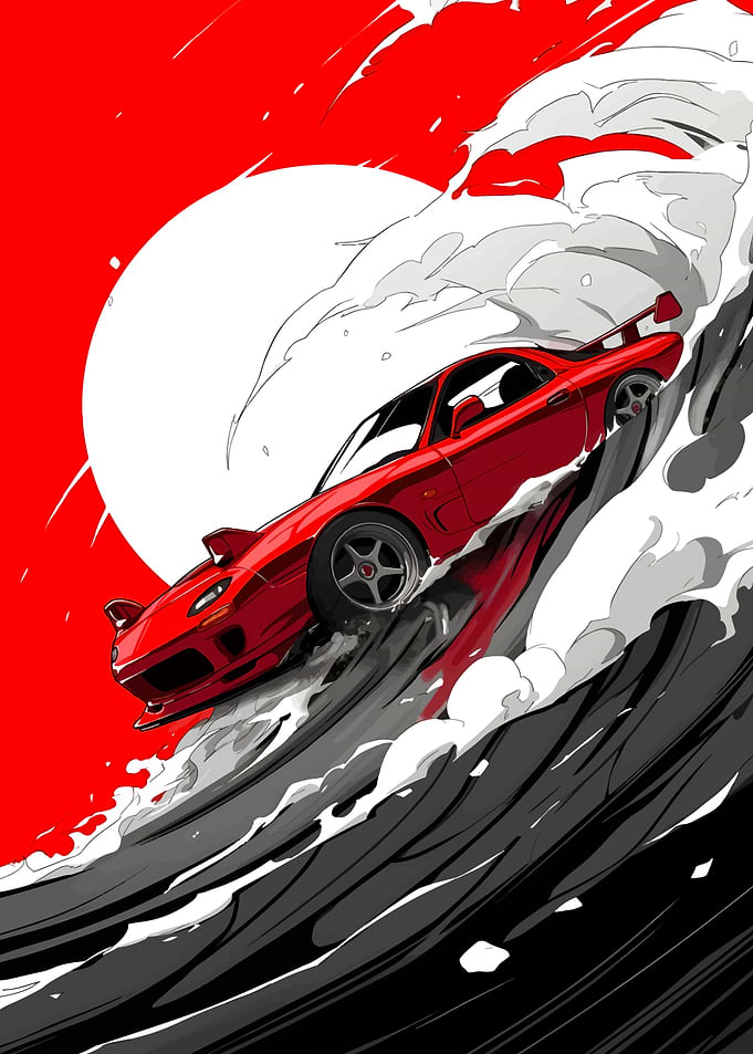 Red Car Drifting on Waves