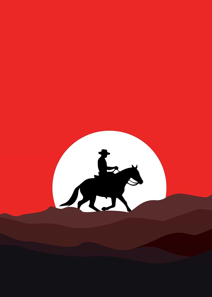 Cowboy silhouette on horseback at sunset