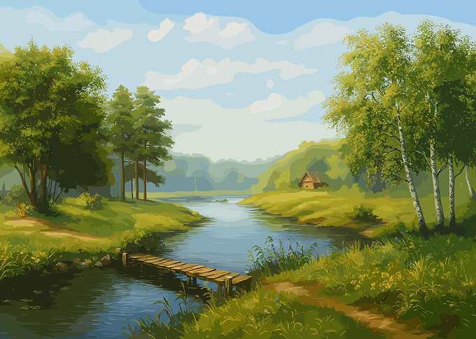 Serene River Landscape with Wooden Bridge