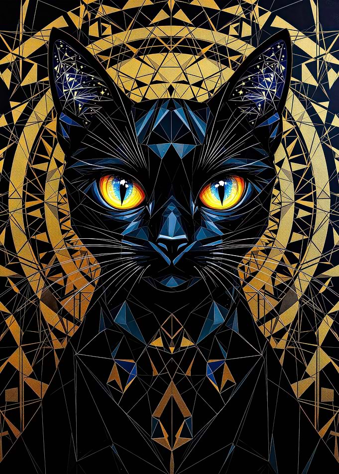 Geometric Black Cat with Golden Background