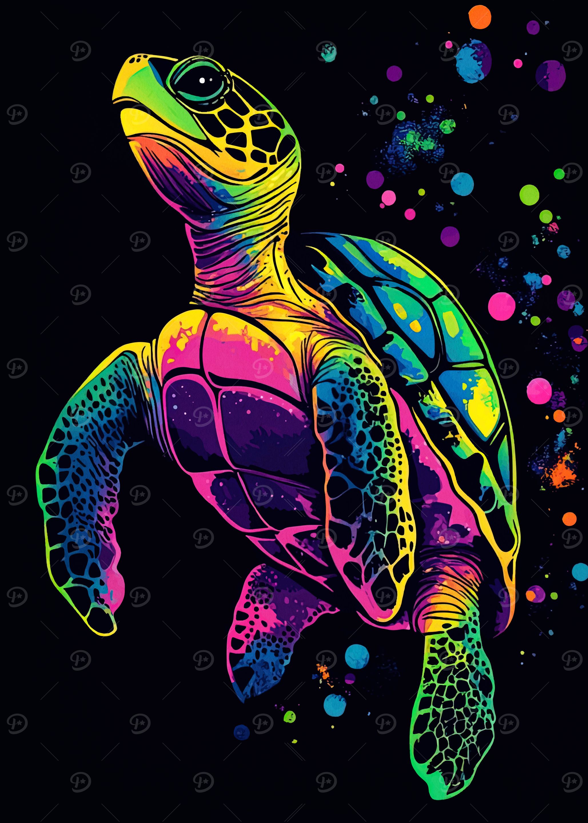 Colorful Sea Turtle on Black Background