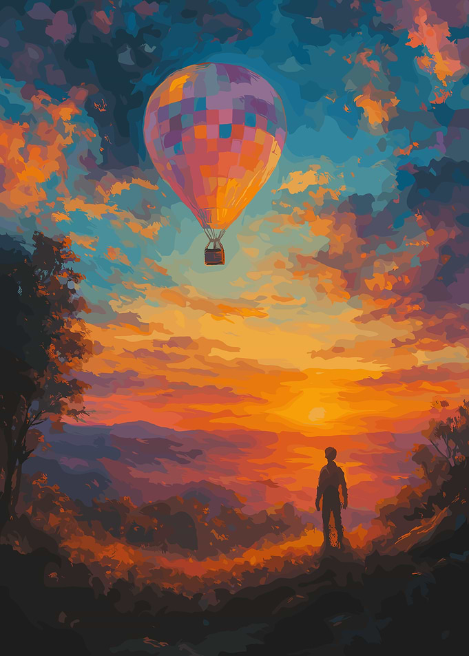 Hot Air Balloon Sunset Landscape Painting