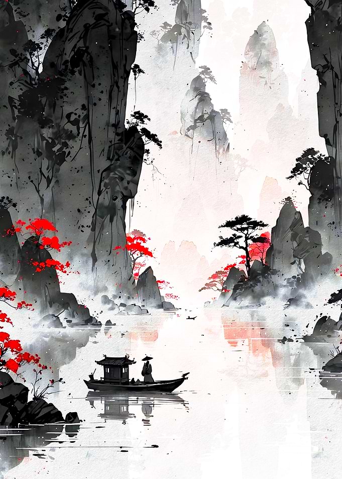 Asian Landscape with Boat and Mountains