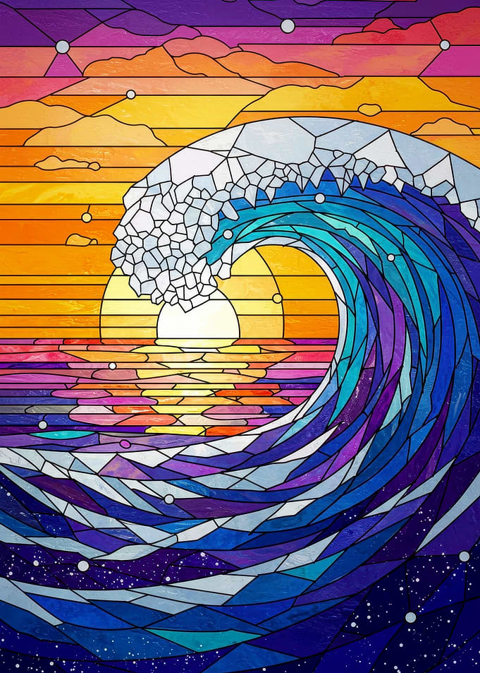 Stained Glass Ocean Wave Sunset
