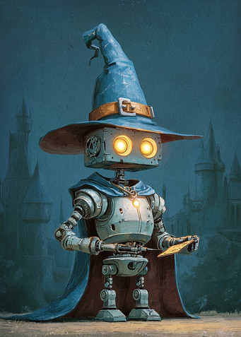 Robot Wizard with Magic Scroll