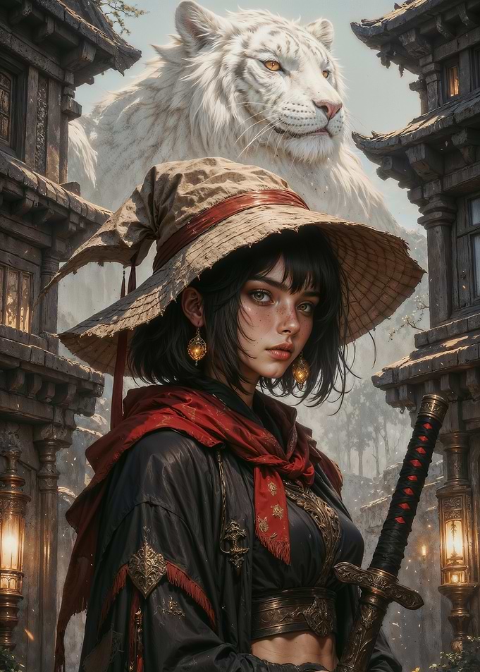 Fantasy Woman with Tiger and Sword