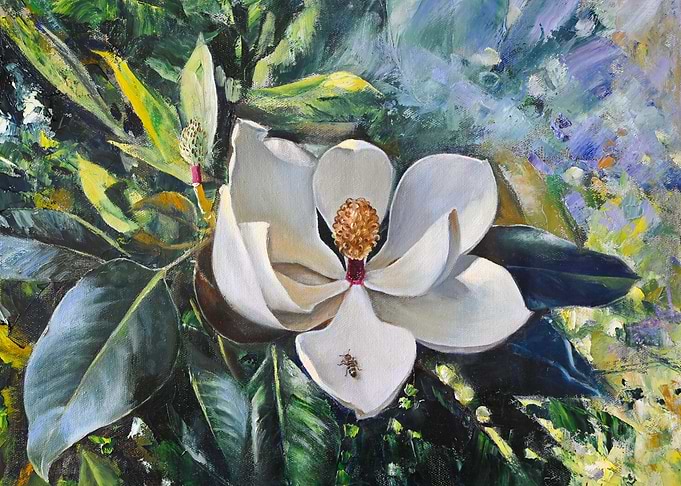 Magnolia Blossom Painting with Bee