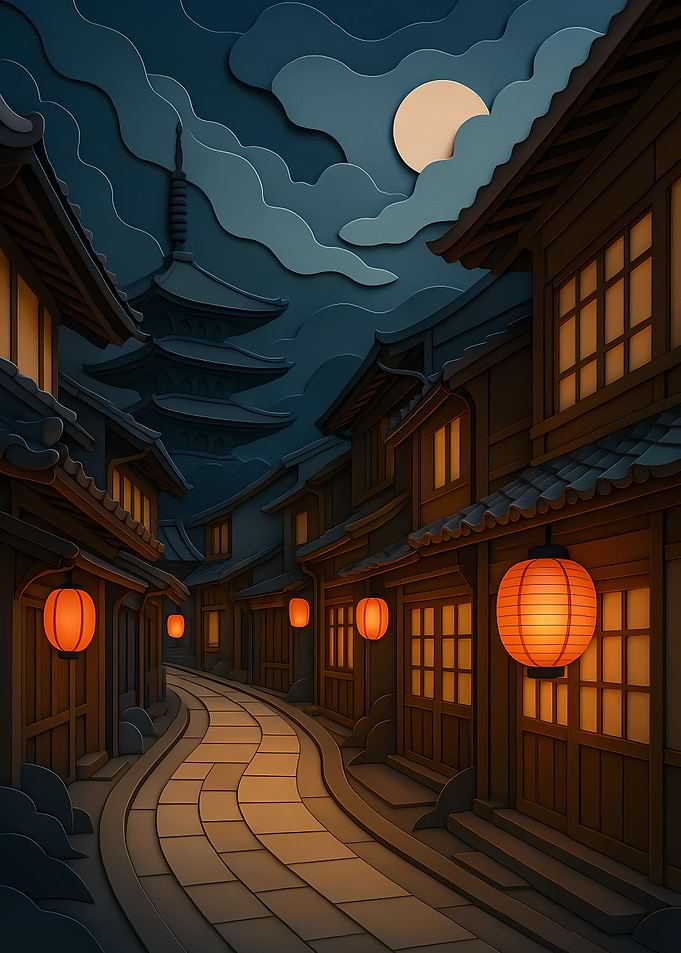 Japanese Street at Night with Lanterns