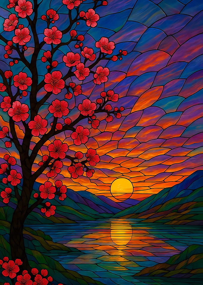 Stained Glass Cherry Blossom Sunset