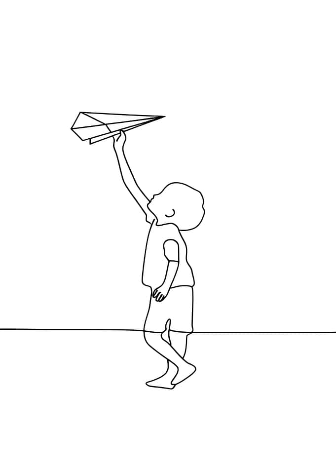 Boy with Paper Airplane Minimalist Line Art