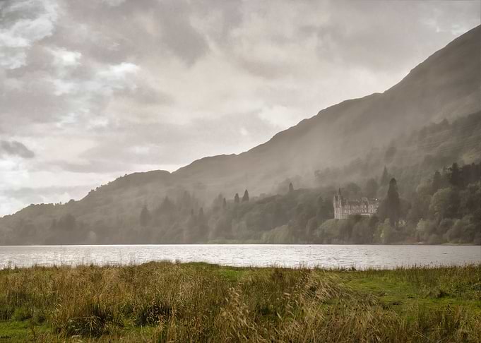 Misty Lake and Mountain Castle