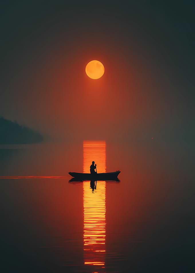 Silhouette of a man in a boat