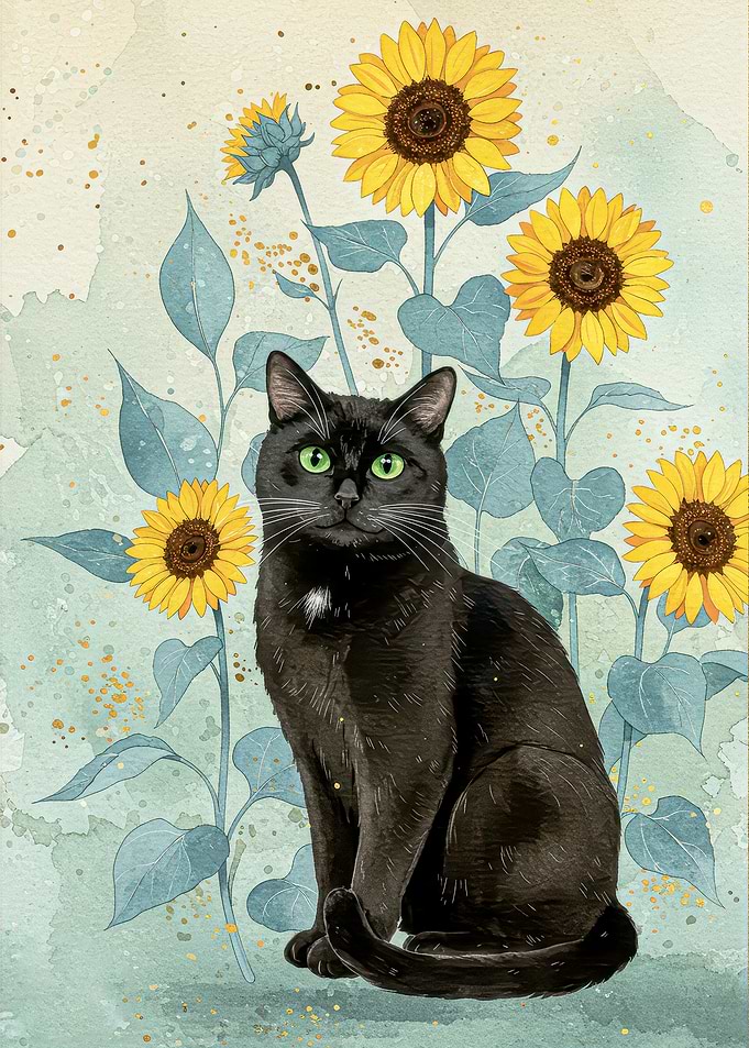 Black Cat and Sunflowers