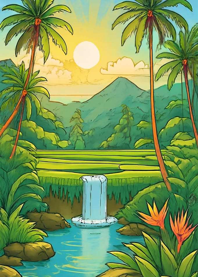 Tropical Landscape with Waterfall and Palms