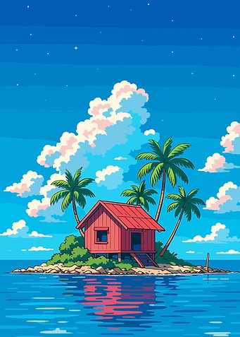 Tropical Island Hut with Palm Trees