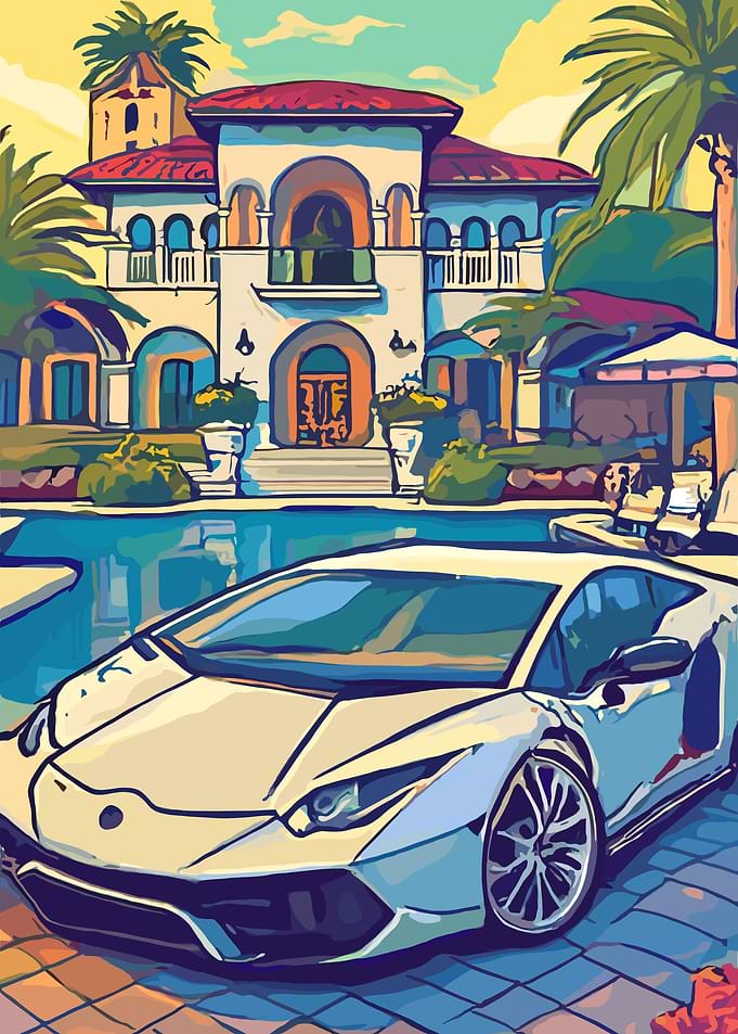 Luxury Lifestyle: Car, Mansion, and Pool