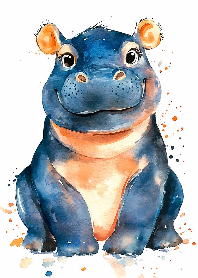 Watercolor Smiling Hippo