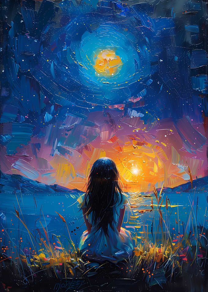Girl Gazing at Night Sky Painting