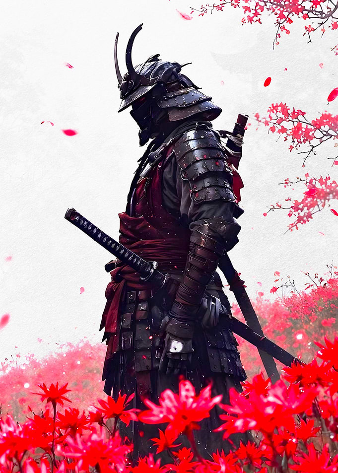 Samurai in Red Flower Field