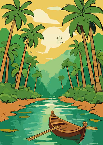 Tropical River with Boat and Palms