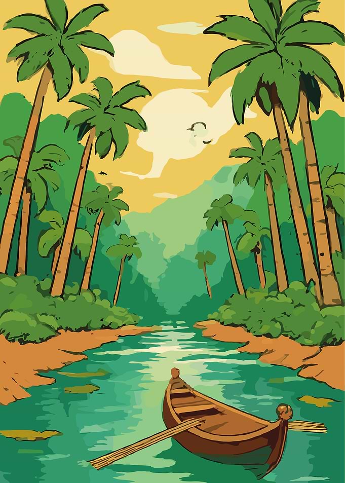 Tropical River with Boat and Palms
