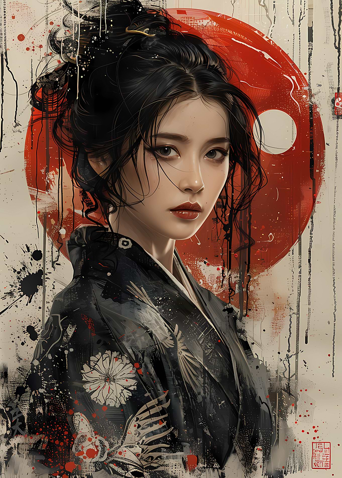 Asian Woman in Kimono with Red Circle