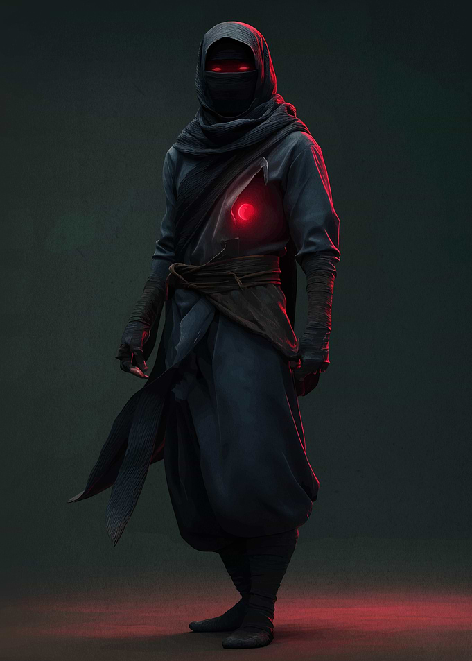 Mysterious hooded figure with glowing eyes