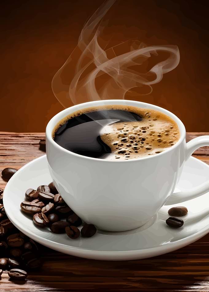 Steaming Cup of Coffee with Beans