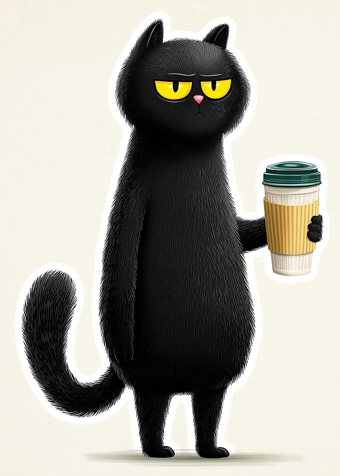Grumpy Black Cat with Coffee