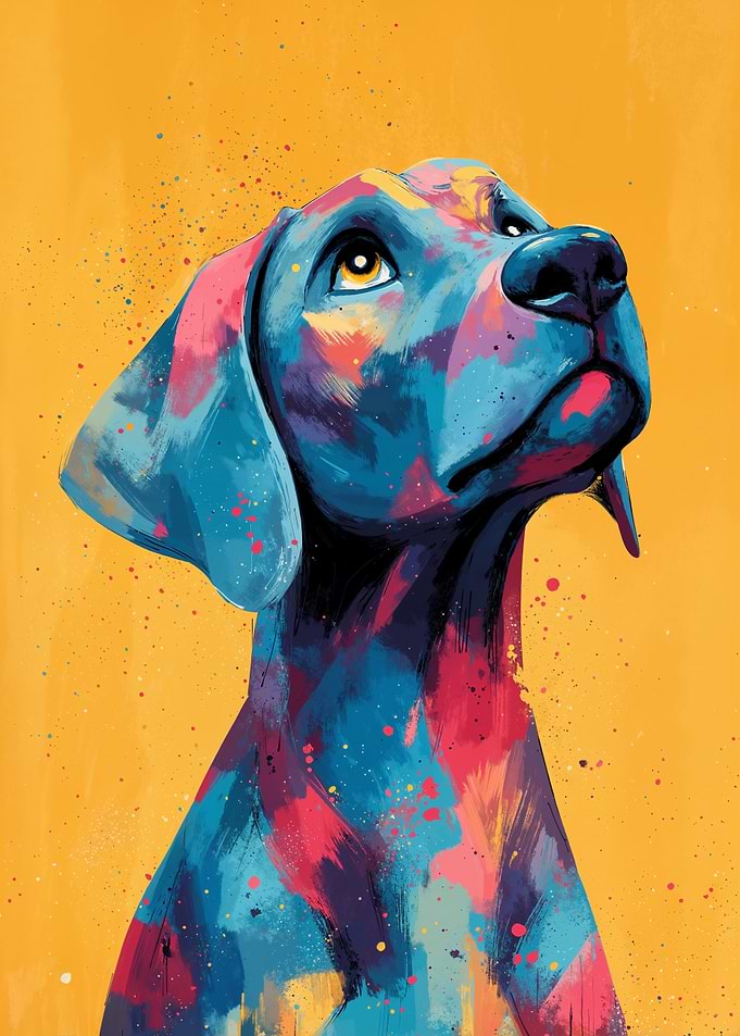 Colorful Dog Portrait on Yellow Background
