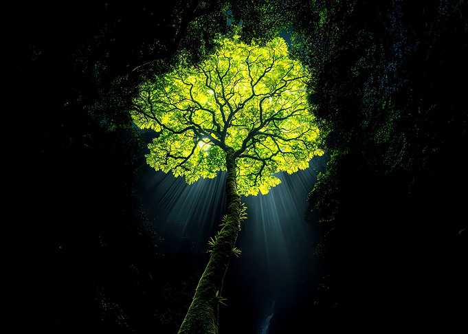 Illuminated Tree in Dark Cave