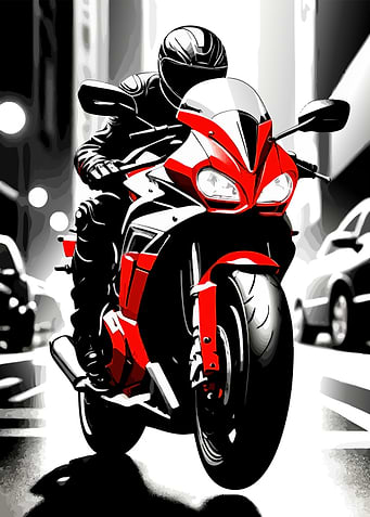 Red Motorcycle Rider in Cityscape
