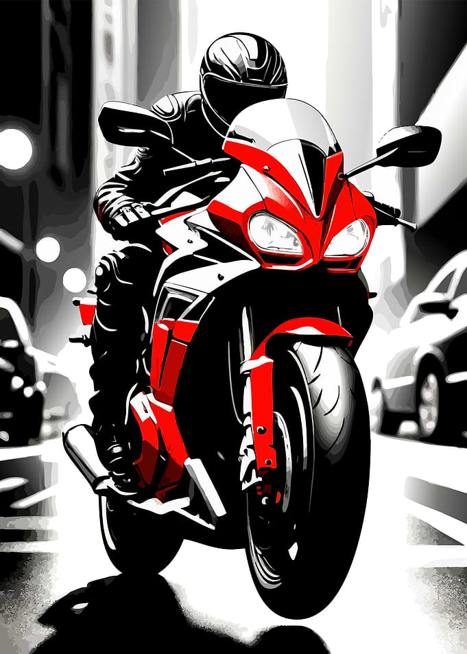 Red Motorcycle Rider in Cityscape