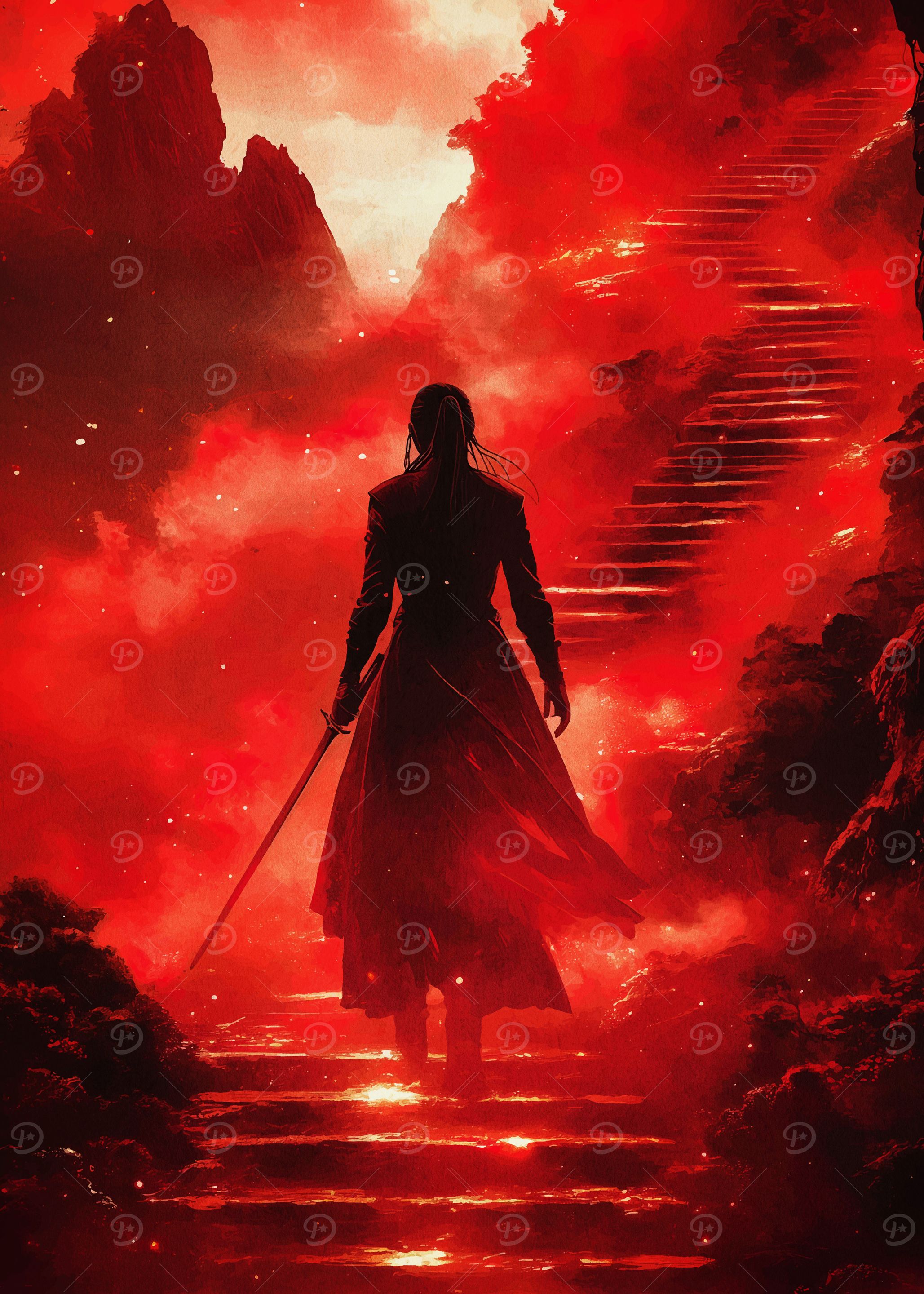 Red Warrior Ascending Stairs