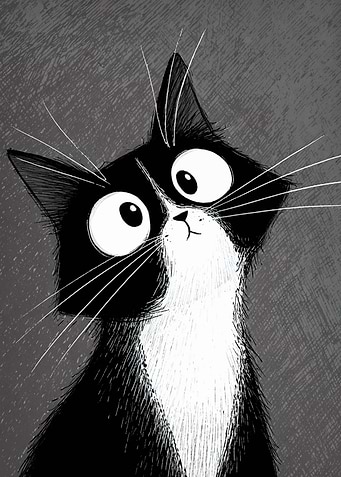 Cartoon Tuxedo Cat Looking Upward