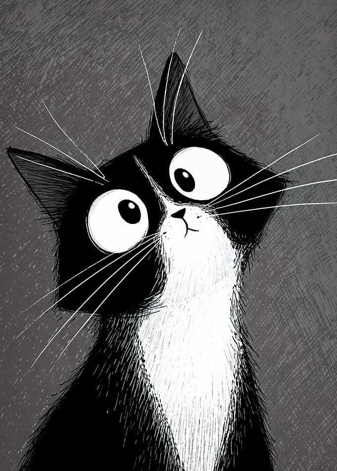 Cartoon Tuxedo Cat Looking Upward