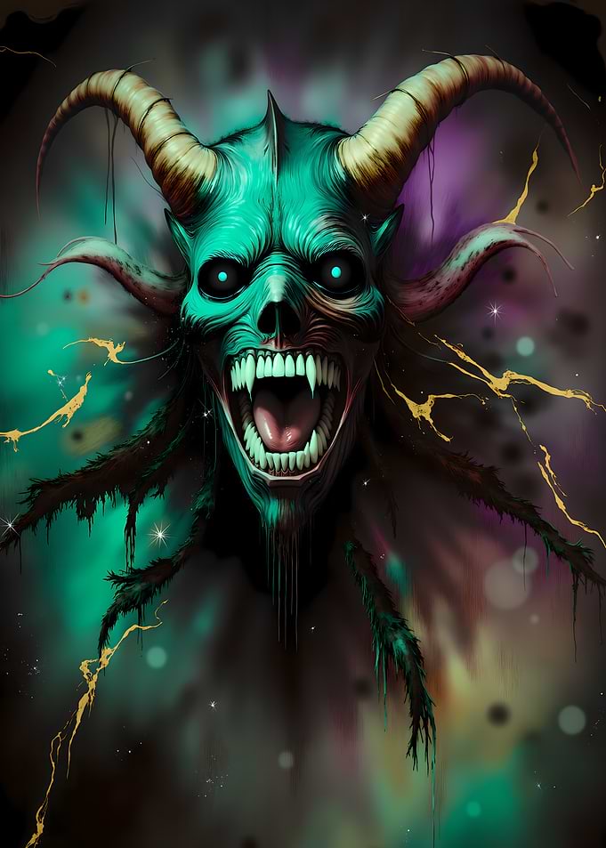 Teal Demon with Horns and Fangs