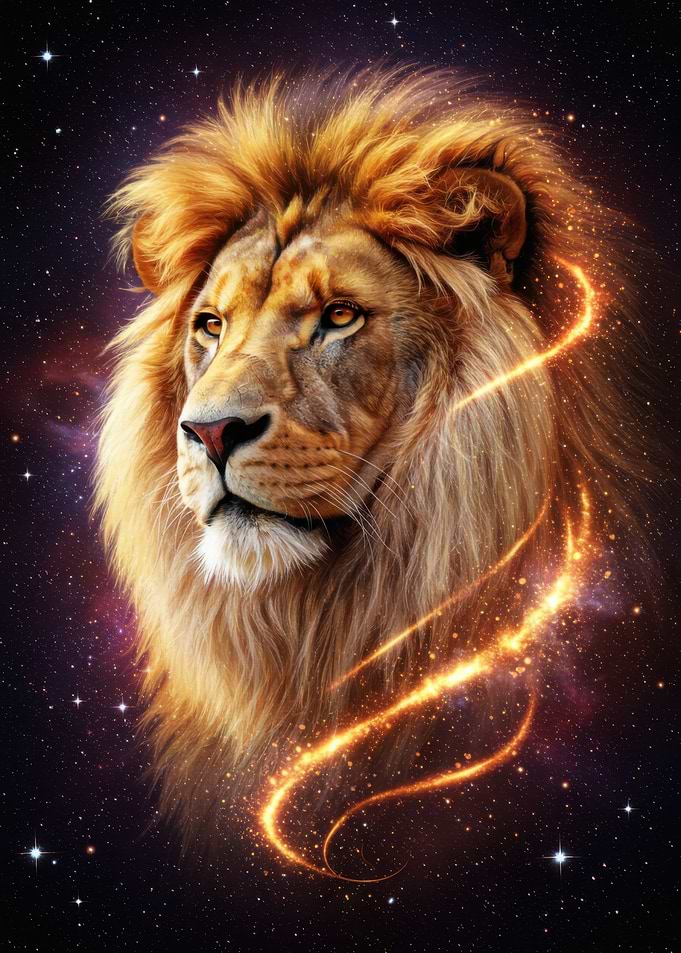 Lion in Space with Golden Light