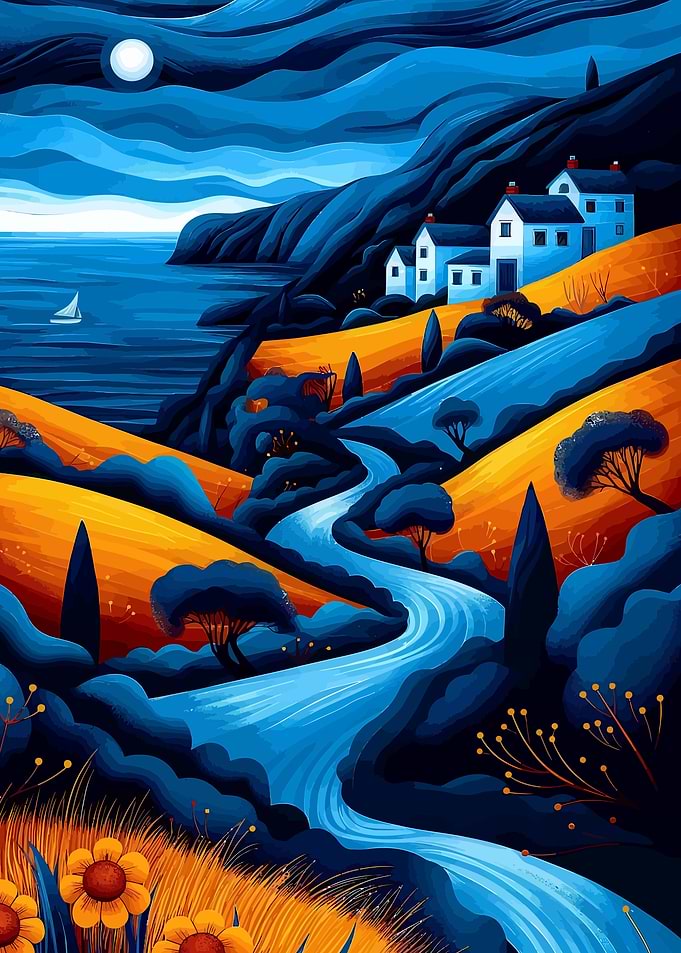 Coastal Village Landscape Painting