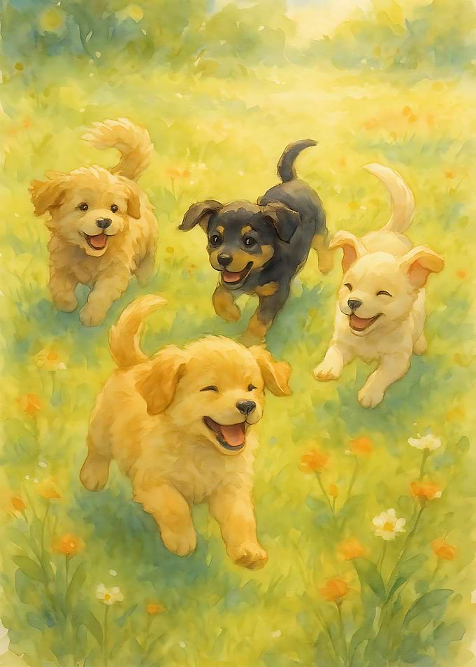 Watercolor of Four Puppies Playing in a Field