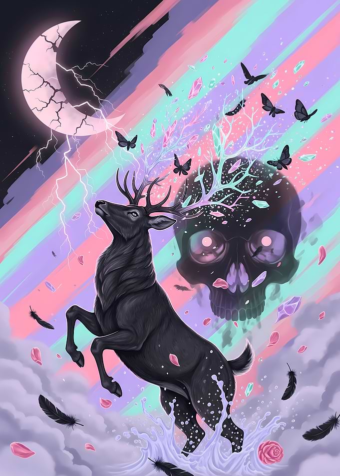 Pastel goth Mystical Deer and Skull Fantasy Art