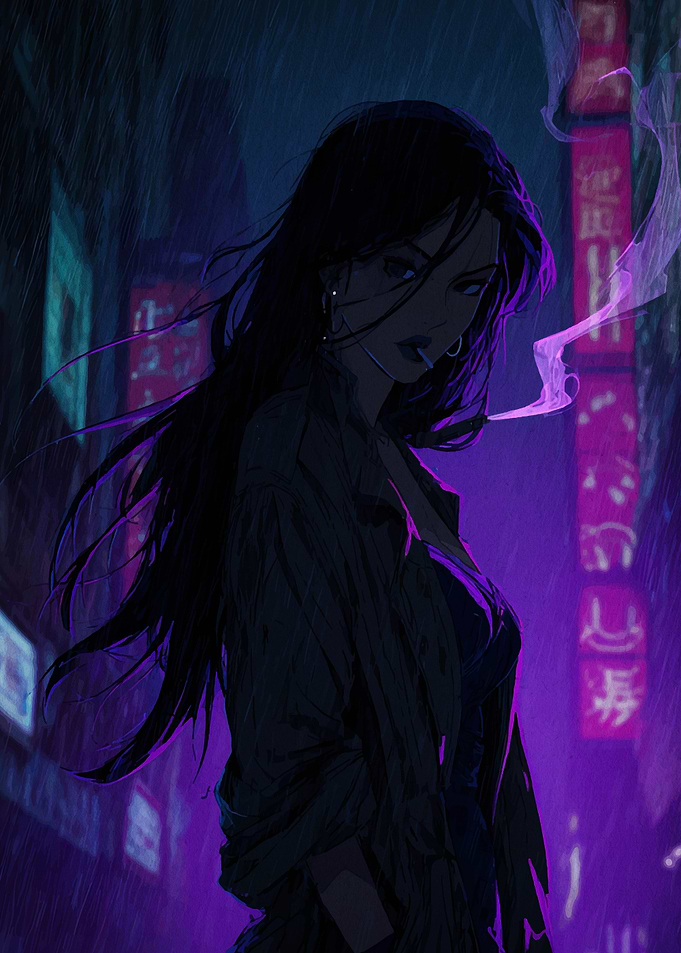 Cyberpunk Girl Smoking in Rainy City