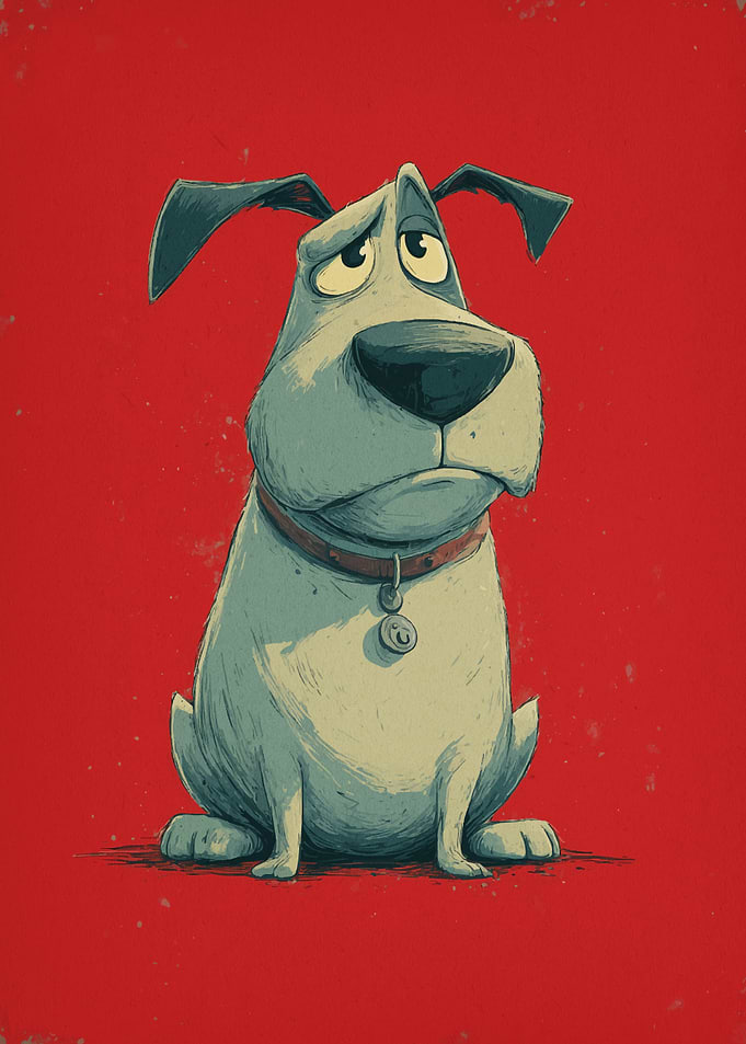 Sad Cartoon Dog on Red Background
