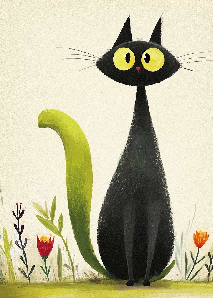 Stylized Black Cat with Green Tail