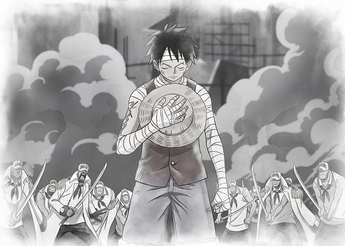 Iconic Watercolor Luffy Showing Respect At Marineford